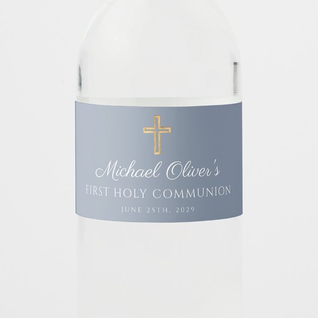 Dusty Blue Religious Cross Boy First Communion Water Bottle Label (Dusty Blue Religious Cross Boy First Communion Water Bottle Label)