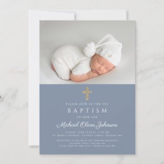 Dusty Blue Religious Cross Boy Photo Baptism