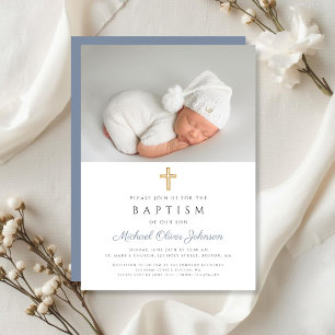 Dusty Blue Religious Cross Boy Photo Baptism Invitation