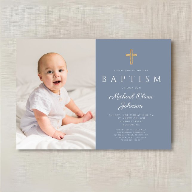 Dusty Blue Religious Cross Boy Photo Baptism Invitation (Dusty Blue Religious Cross Boy Photo Baptism Invitation)
