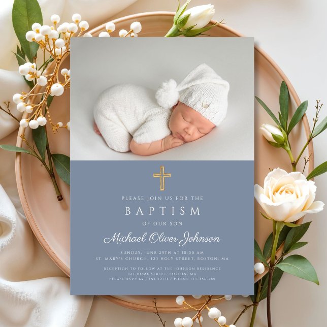 Dusty Blue Religious Cross Boy Photo Baptism Invitation (Dusty Blue Religious Cross Boy Photo Baptism Invitation)