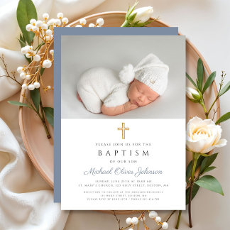 Dusty Blue Religious Cross Boy Photo Baptism Invitation