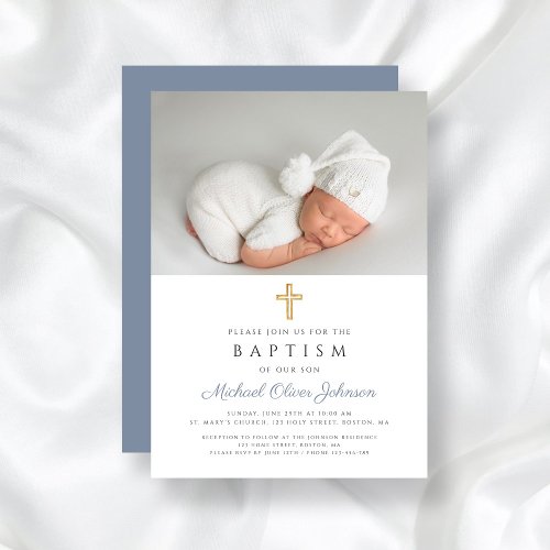 Dusty Blue Religious Cross Boy Photo Baptism Invitation