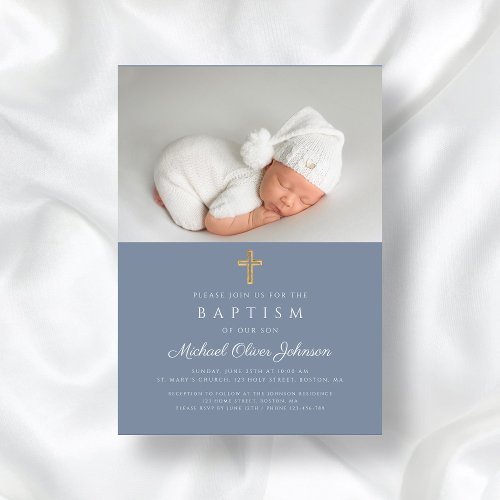 Dusty Blue Religious Cross Boy Photo Baptism Invitation