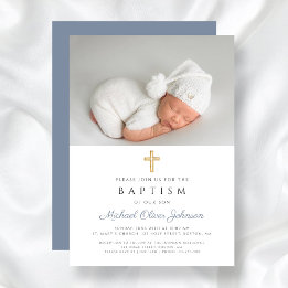 Dusty Blue Religious Cross Boy Photo Baptism Invitation