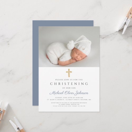 Dusty Blue Religious Cross Boy Photo Christening Invitation