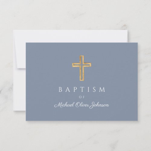 Dusty Blue Religious Wood Cross Boy Baptism  RSVP Card