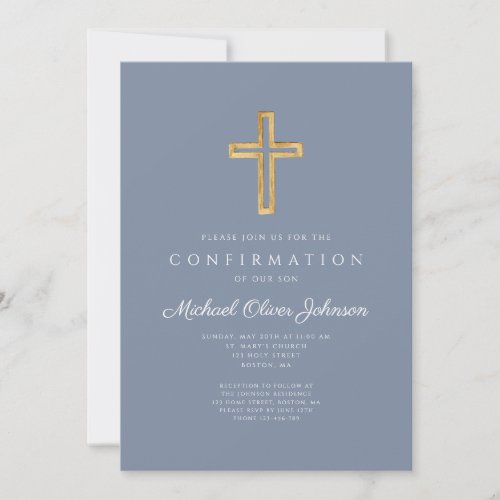 Dusty Blue Religious Wood Cross Boy Confirmation Invitation