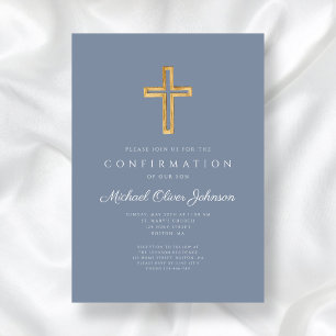 Dusty Blue Religious Wood Cross Boy Confirmation Invitation