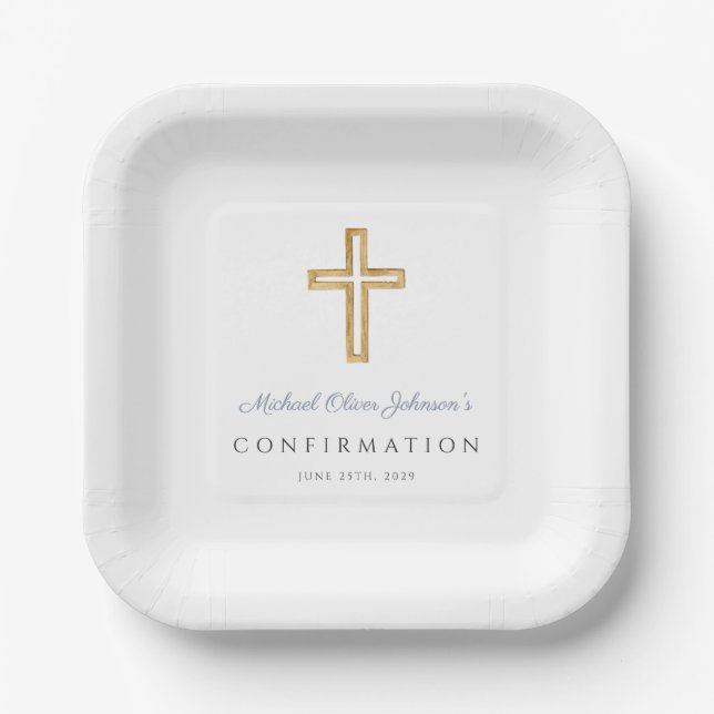 Dusty Blue Religious Wood Cross Boy Confirmation Paper Plates (Front)