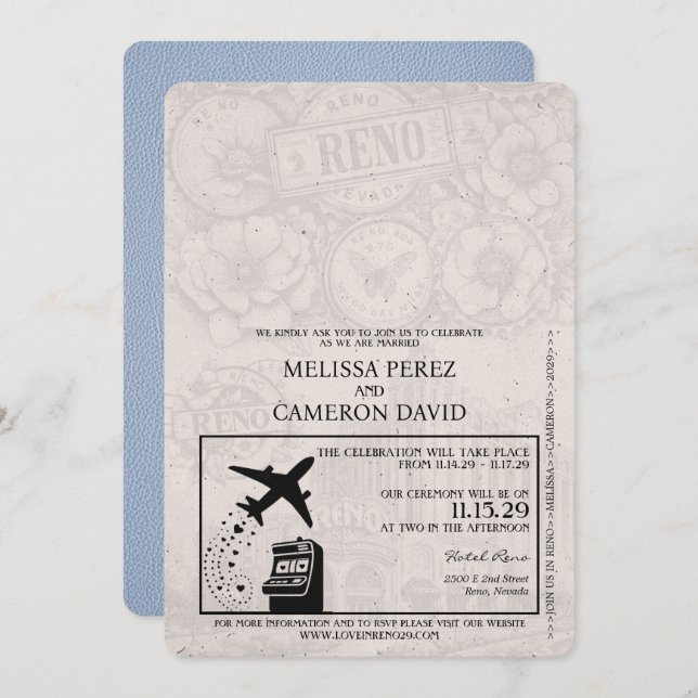 Dusty Blue Reno Passport Wedding Invitation (Front/Back)