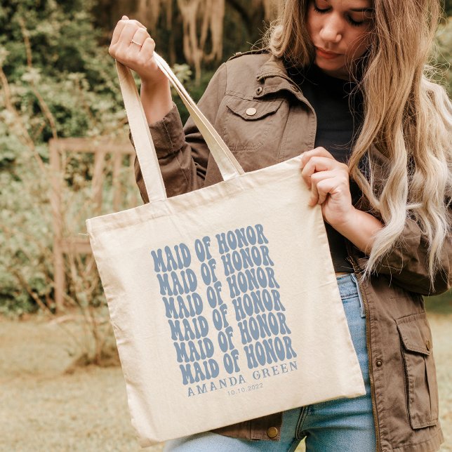 Dusty Blue Retro Boho Personalized Maid Honor Tote Bag (Creator Uploaded)