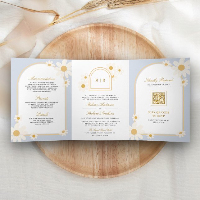 Dusty Blue Retro Yellow Daisy All in One Wedding Tri-Fold Invitation (Creator Uploaded)