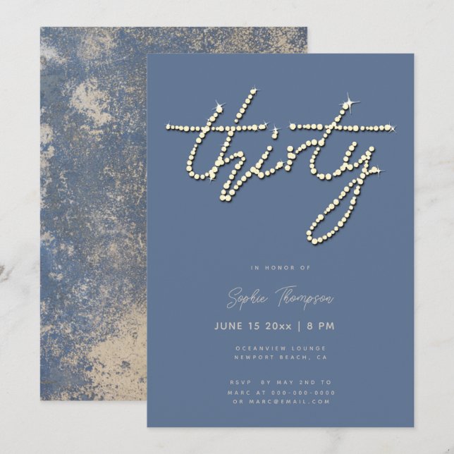 Dusty Blue Rhinestones Calligraphy 30th Birthday Invitation (Front/Back)
