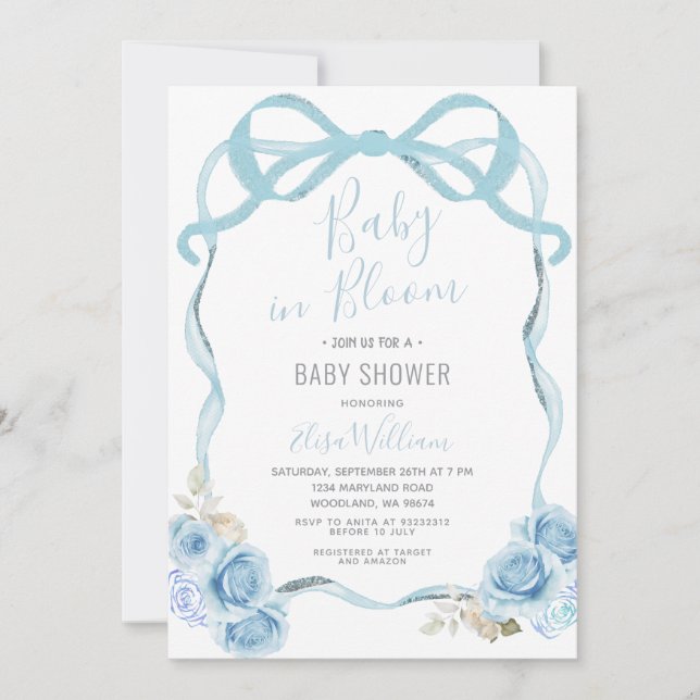 Dusty Blue Ribbon Bow Baby in Bloom  Invitation (Front)