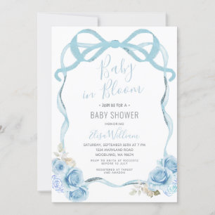 Dusty Blue Ribbon Bow Baby in Bloom  Invitation