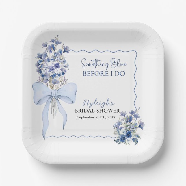 Dusty Blue Ribbon Bow Calla Lily Bridal Shower  Paper Plates (Front)