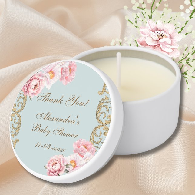 Dusty Blue Rococo Floral Baby Shower Thank You Mini Candle Favors (Creator Uploaded)