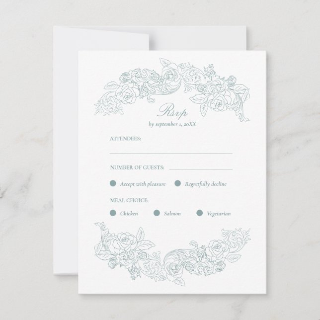 Dusty Blue Rococo Meal Choice RSVP Card (Front)