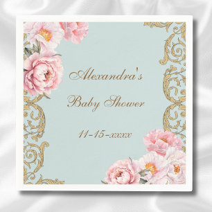 Dusty Blue Rococo Pink Floral Baby Shower Napkins