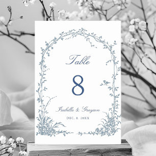 Dusty Blue Romantic Botanical Arch Garden Wedding Table Number
