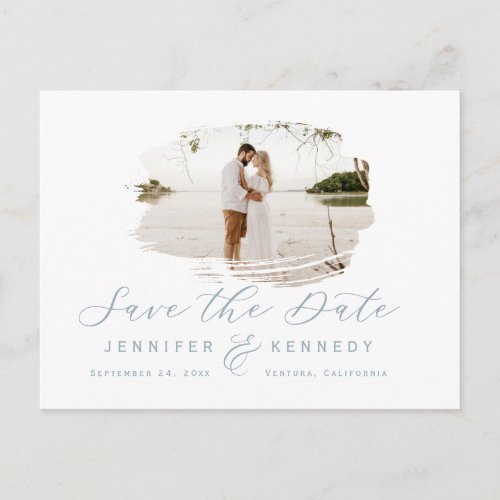 Dusty Blue Romantic Brushed Frame Save The Date Postcard