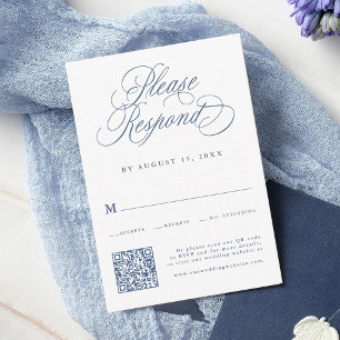 Dusty Blue Romantic Calligraphy Wedding QR Code RSVP Card