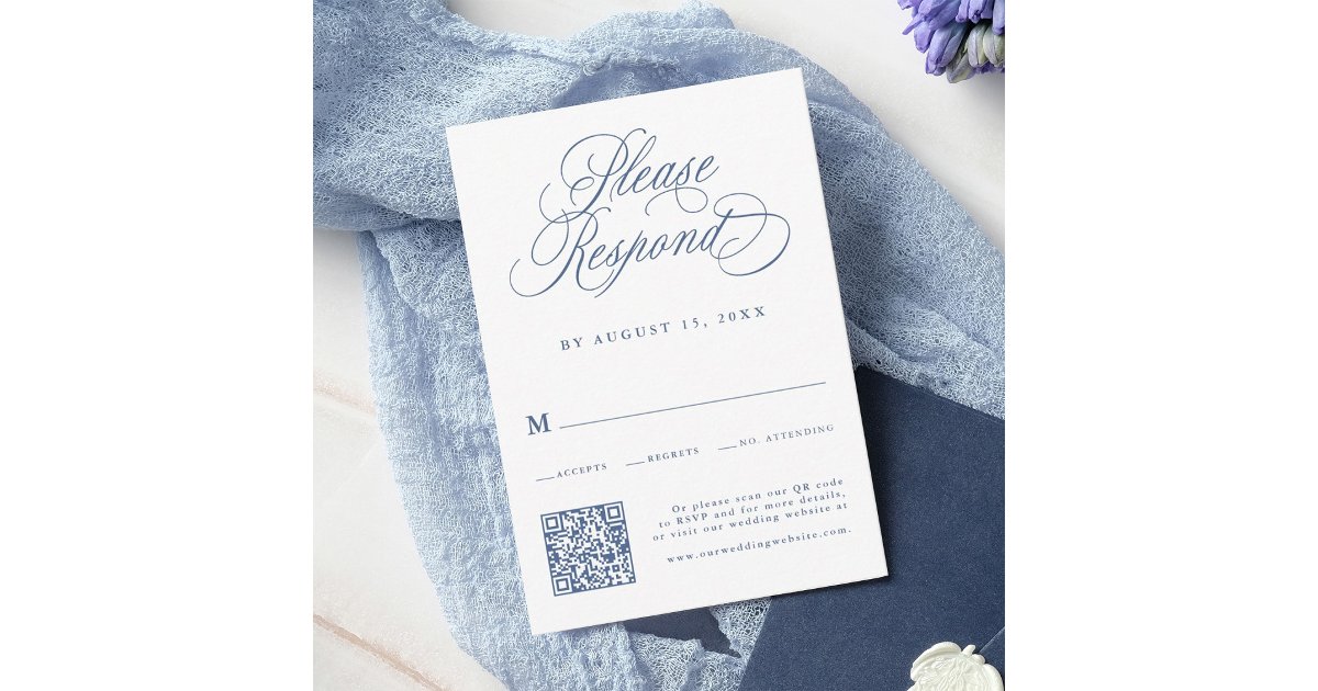 Marry Blue Code Dusty Blue Romantic Calligraphy Wedding QR Code RSVP Card | Zazzle