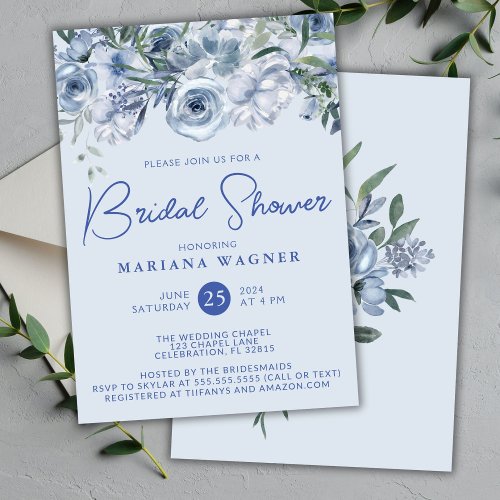 Dusty Blue Romantic Floral Bridal Shower Invitation