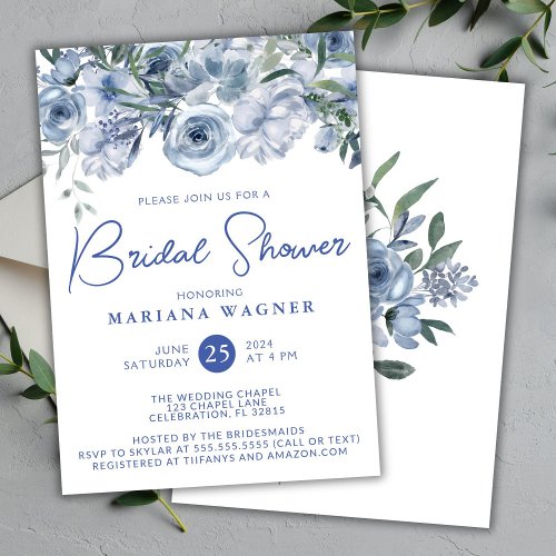 Dusty Blue Romantic Floral Bridal Shower Invitation