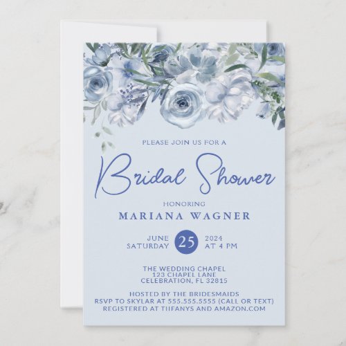 Dusty Blue Romantic Floral Bridal Shower Invitation