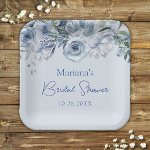 Dusty Blue Romantic Floral Bridal Shower Paper Plates