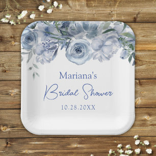 Dusty Blue Romantic Floral Bridal Shower Paper Plates