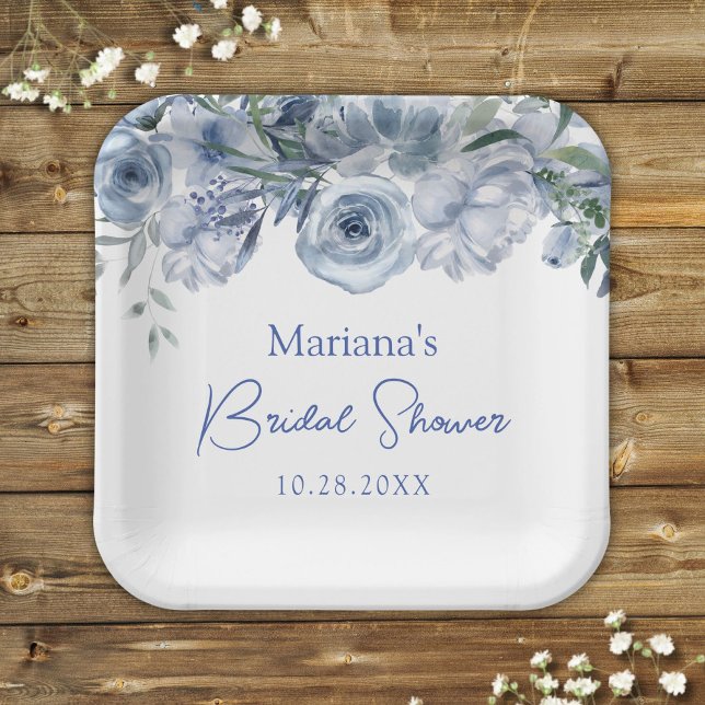 Dusty Blue Romantic Floral Bridal Shower Paper Plates (Creator Uploaded)