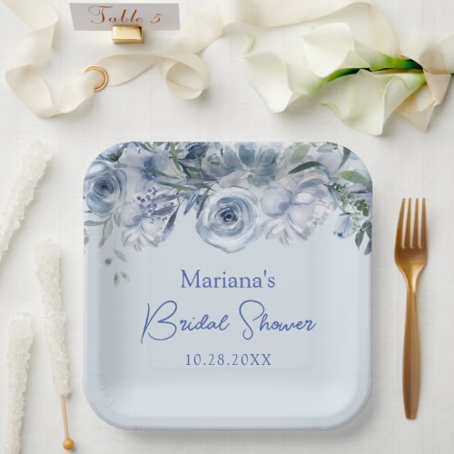 Dusty Blue Romantic Floral Bridal Shower Paper Plates