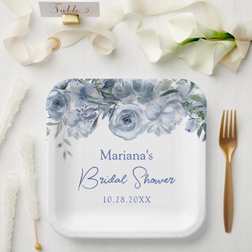 Dusty Blue Romantic Floral Bridal Shower Paper Plates