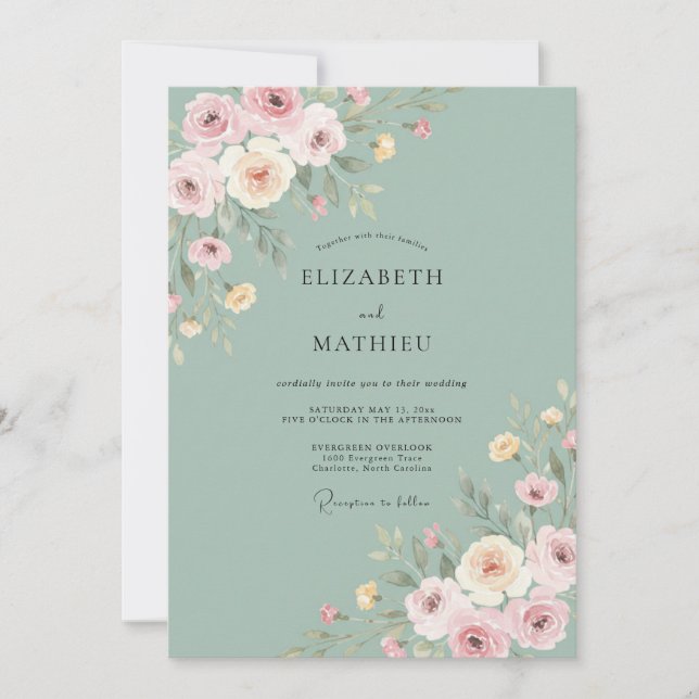 Dusty Blue Romantic Floral Flourish Wedding Invitation (Front)