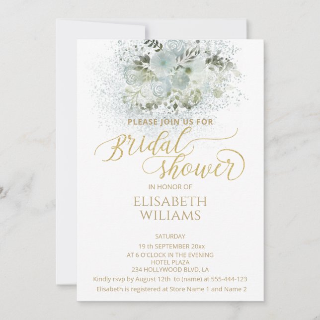 Dusty blue romantic floral gold calligraphy invitation (Front)