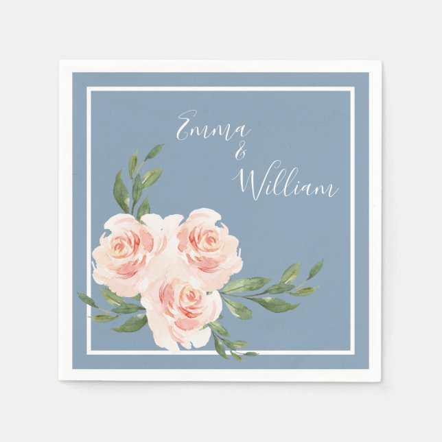 Dusty Blue Romantic Floral Modern Script Wedding Napkins (Front)
