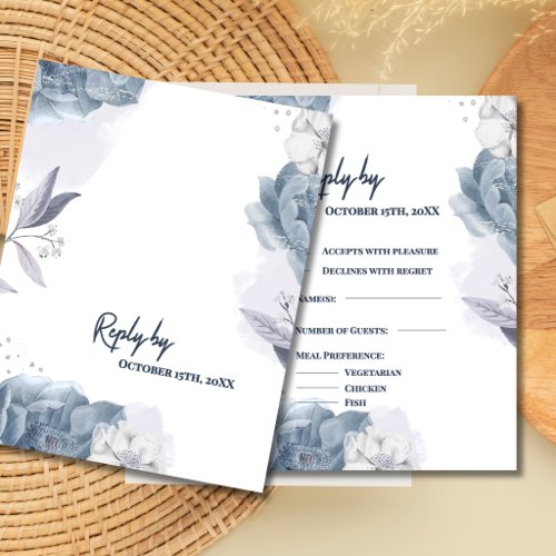 Dusty Blue Romantic Floral Wedding Reply By RSVP Card