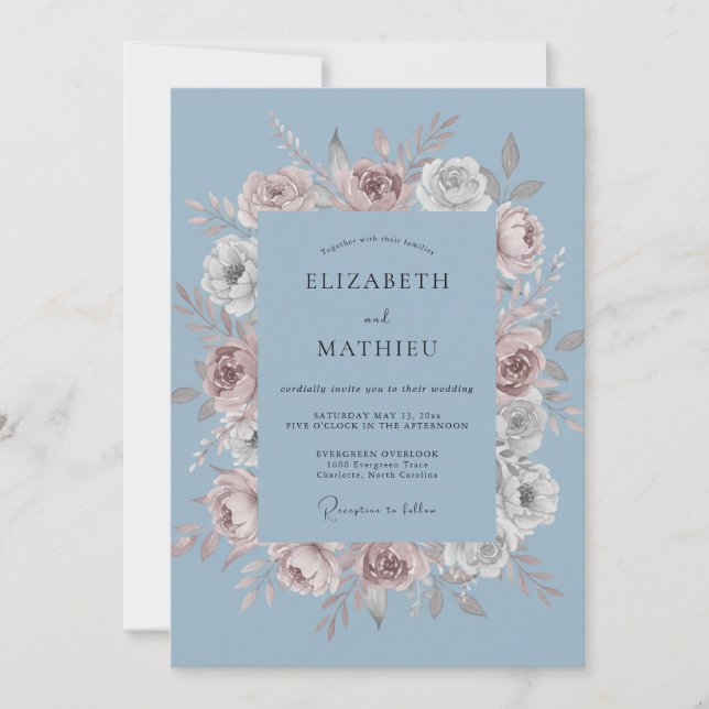 Dusty Blue Romantic Garland Wedding Invitation (Front)