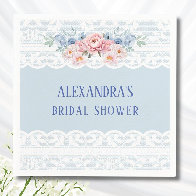 Dusty Blue Romantic Pink Peony Lace Bridal Shower Napkins (Creator Uploaded)