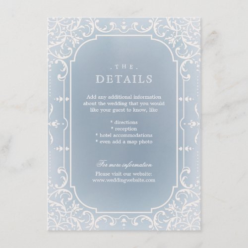 Dusty blue romantic vintage wedding details card