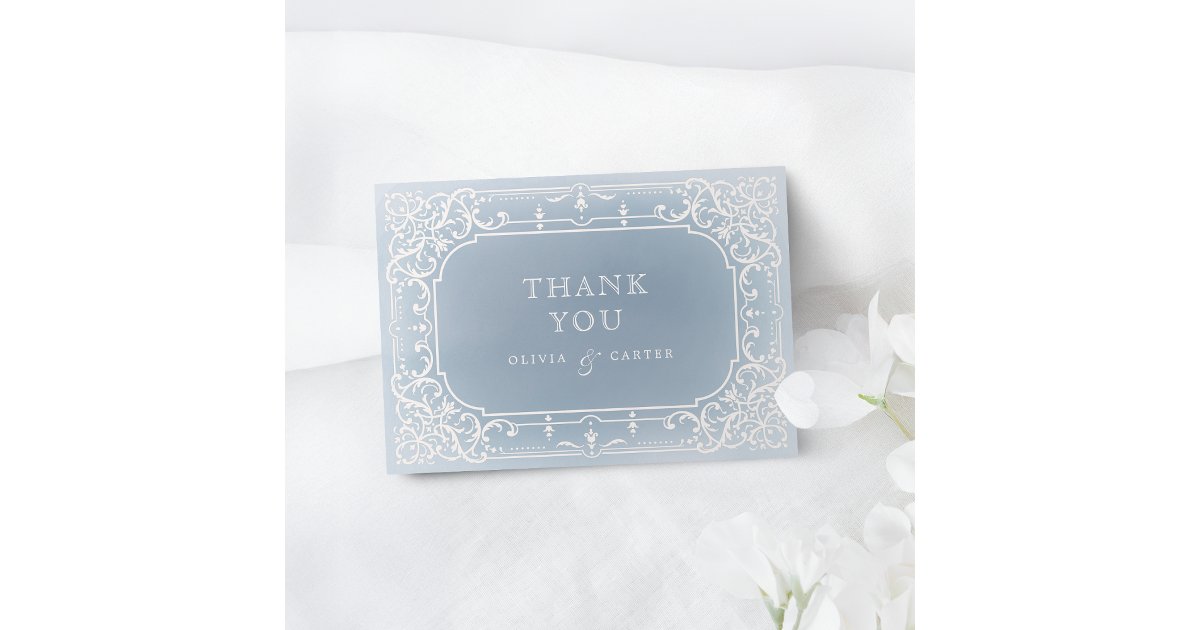 Dusty blue romantic vintage wedding thank you card | Zazzle