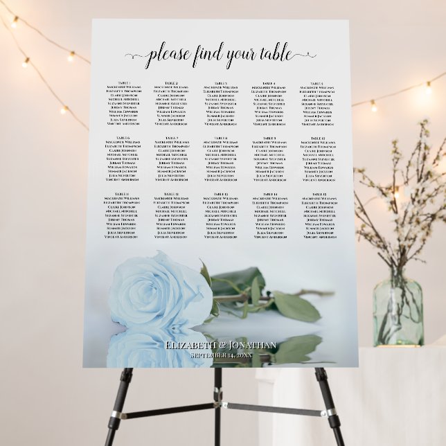 Dusty Blue Rose 15 Table Wedding Seating Chart Foam Board (In Situ (Stand))