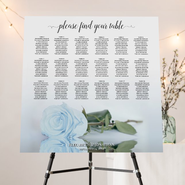 Dusty Blue Rose 18 Table Wedding Seating Chart Foam Board (In Situ (Stand))