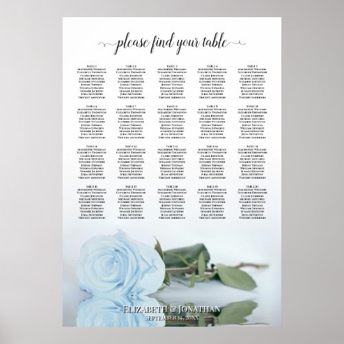 Dusty Blue Rose 20 Table Wedding Seating Chart