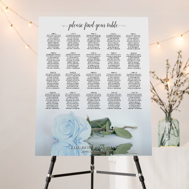 Dusty Blue Rose 20 Table Wedding Seating Chart Foam Board (In Situ (Stand))