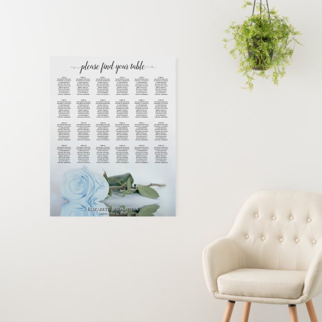 Dusty Blue Rose 24 Table Wedding Seating Chart Foam Board (In Situ (Wall))