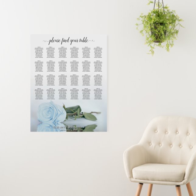 Dusty Blue Rose 24 Table Wedding Seating Chart Foam Board (In Situ (Wall))